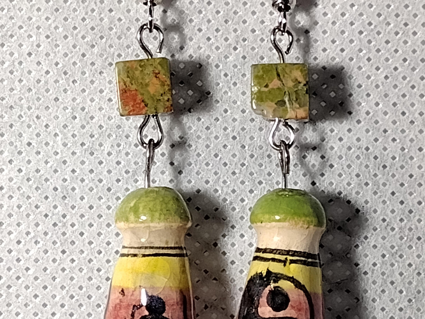 Long ceramic bead earrings with yin-yang design and unakite cubes
