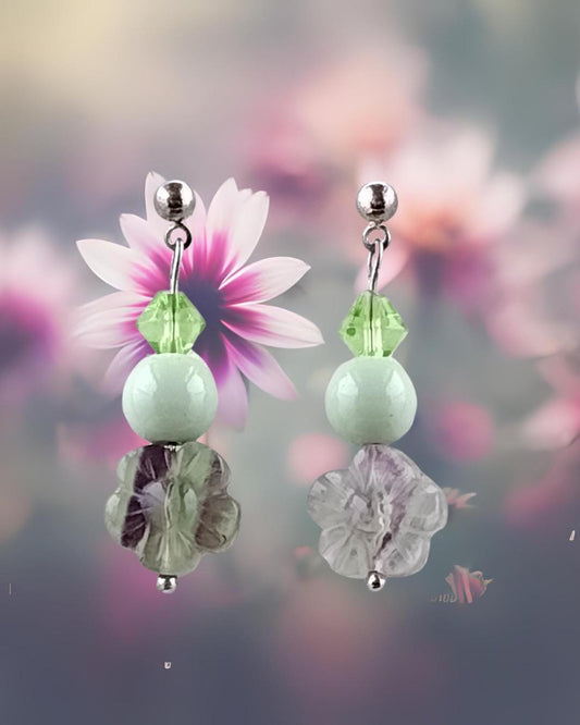 Green flower glass bead earrings