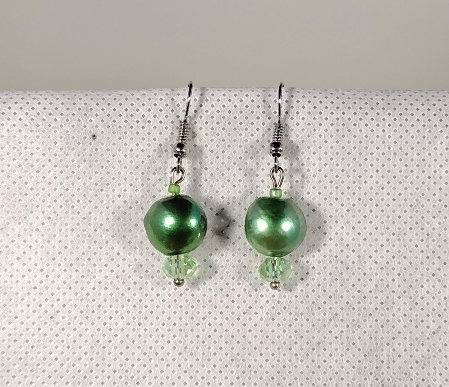 Freshwater pearl dangle earrings with green glass beads