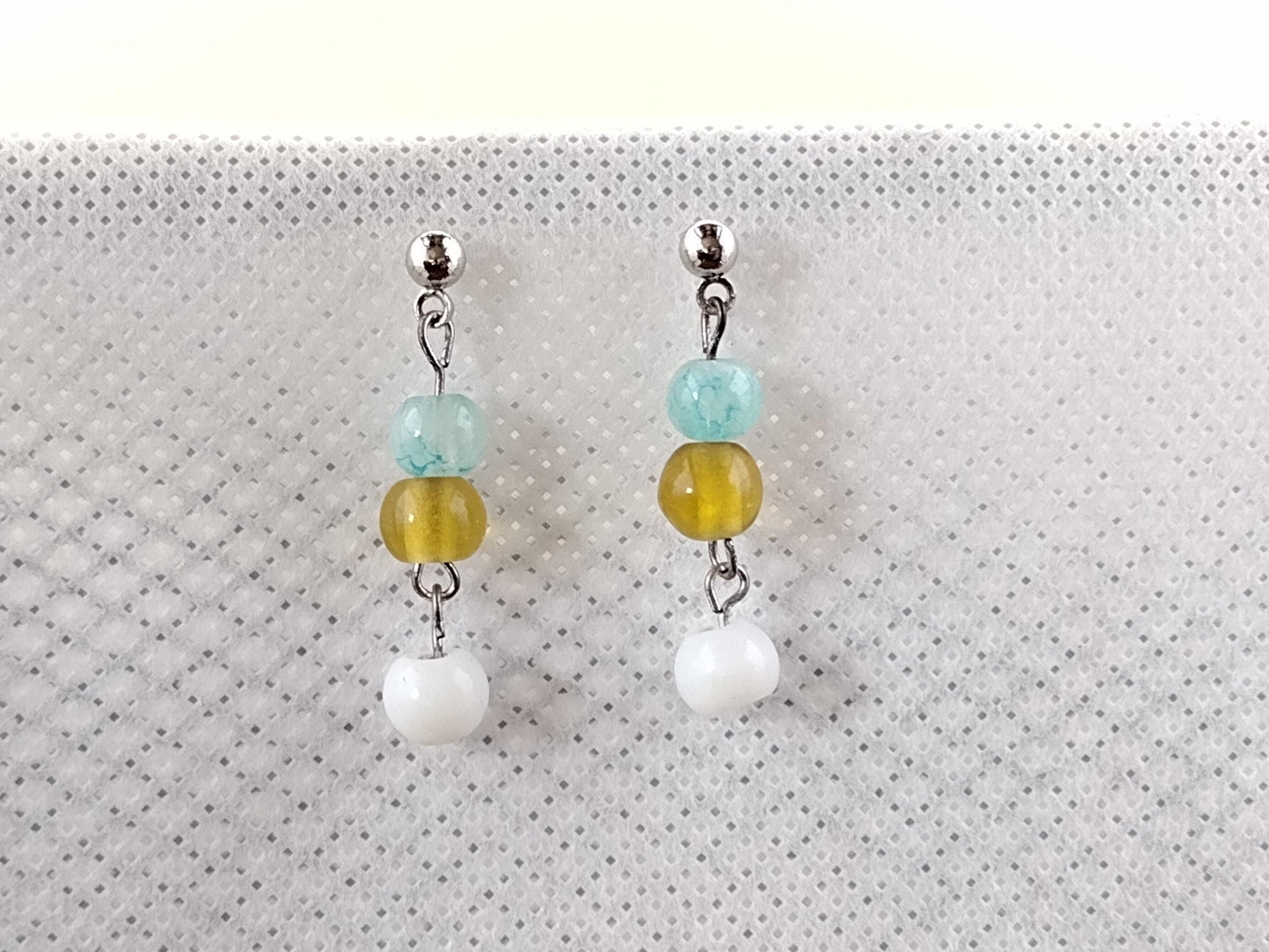Blue, yellow, and white glass bead earrings