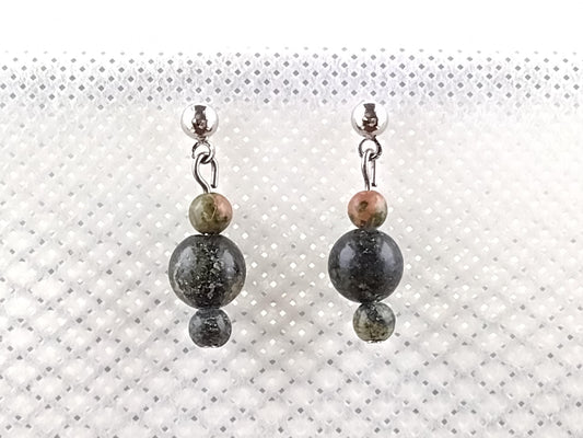 Dangle earrings with unakite and Russian jade stones