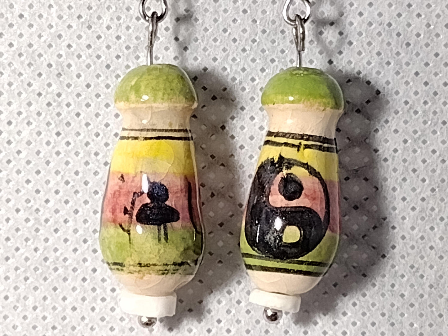 Long ceramic bead earrings with yin-yang design and unakite cubes