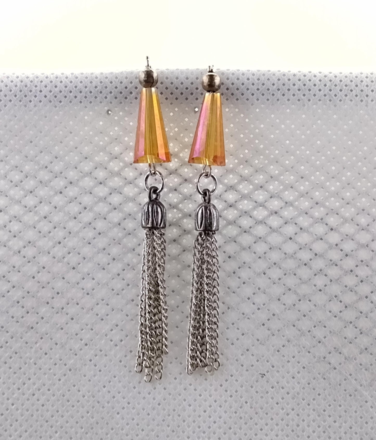 Orange glass cone earrings with chain tassel