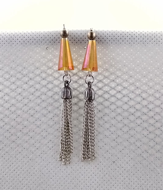 Orange glass cone earrings with chain tassel