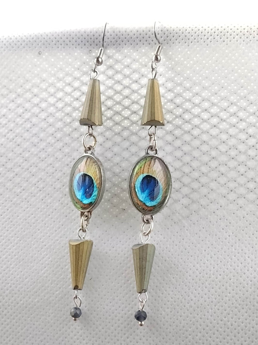 Long peacock eye dangle earrings 925 sterling silver
