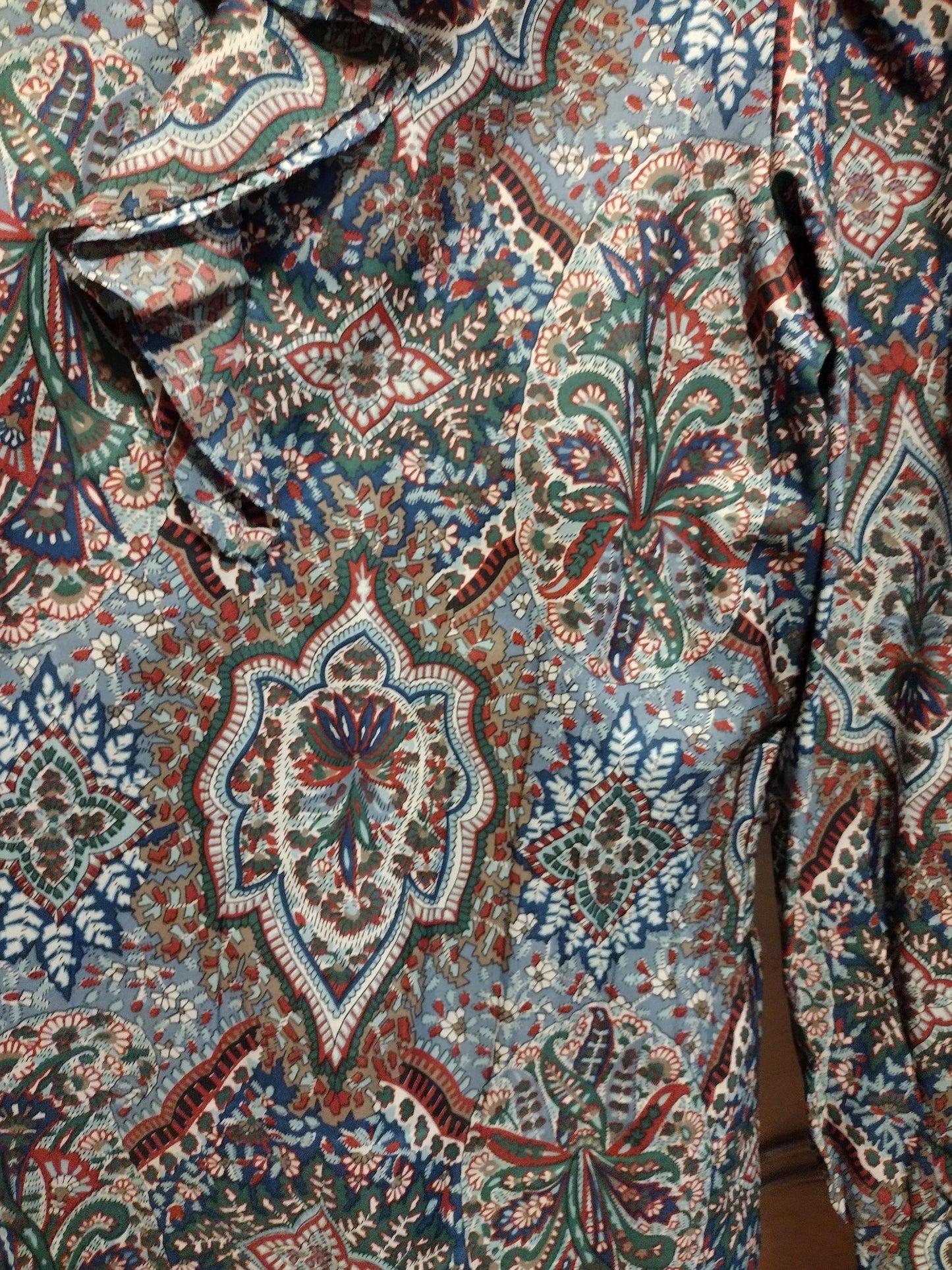 Vintage blue patterned long sleeve blouse with cravat/ruffle