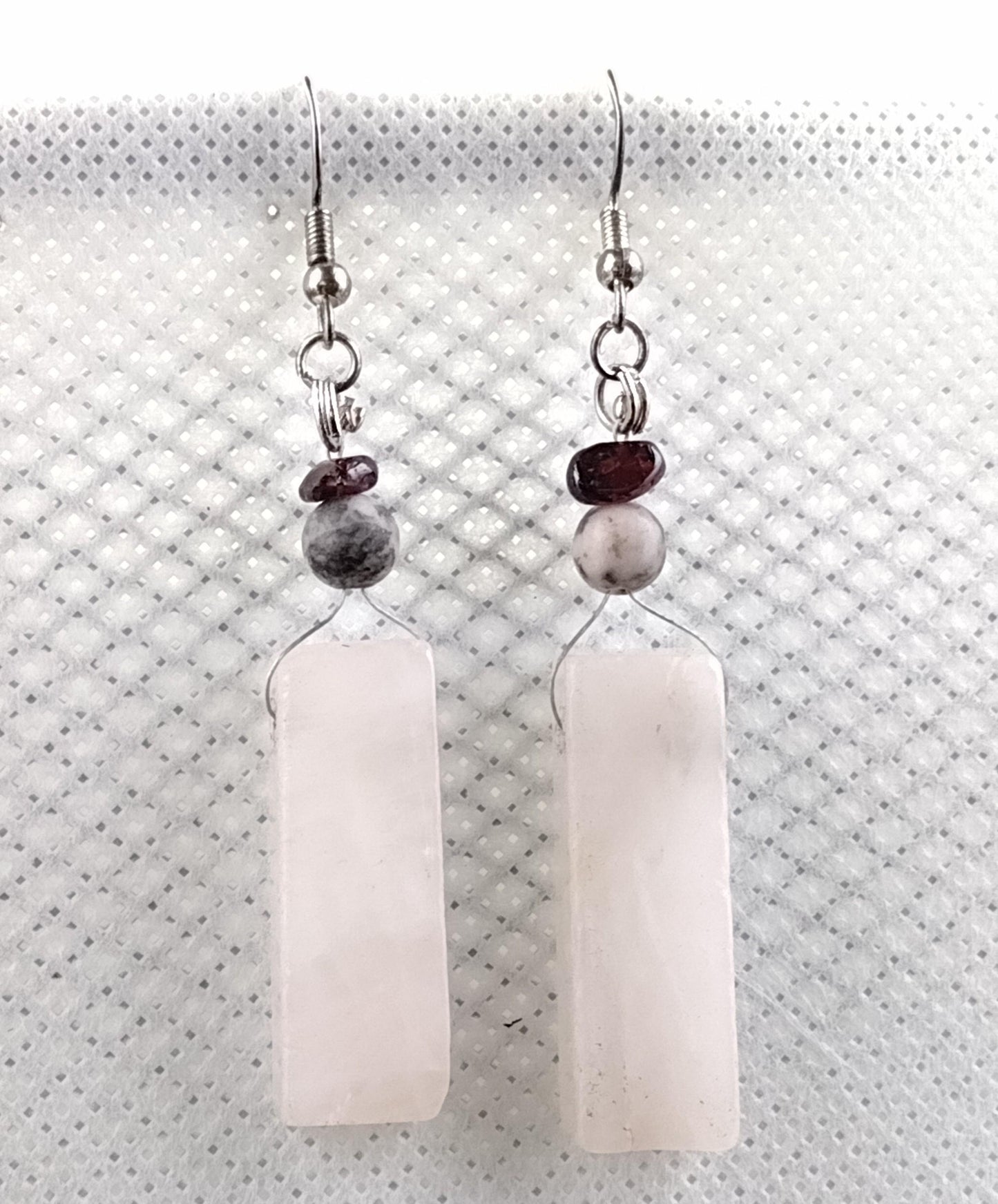 Rose quartz bar dangle earrings with garnet chips and pink zebra Jasper beads 925 sterling silver ear hooks