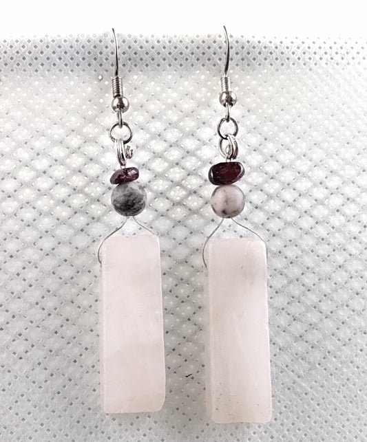 Rose quartz bar dangle earrings with garnet chips and pink zebra Jasper beads 925 sterling silver ear hooks