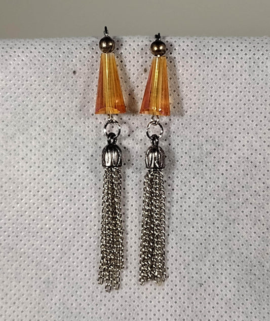 Orange glass cone earrings with chain tassel