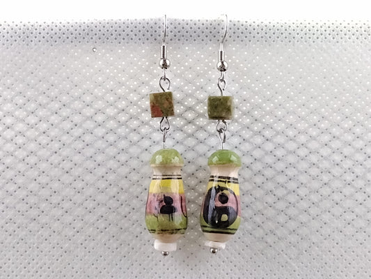 Long ceramic bead earrings with yin-yang design and unakite cubes