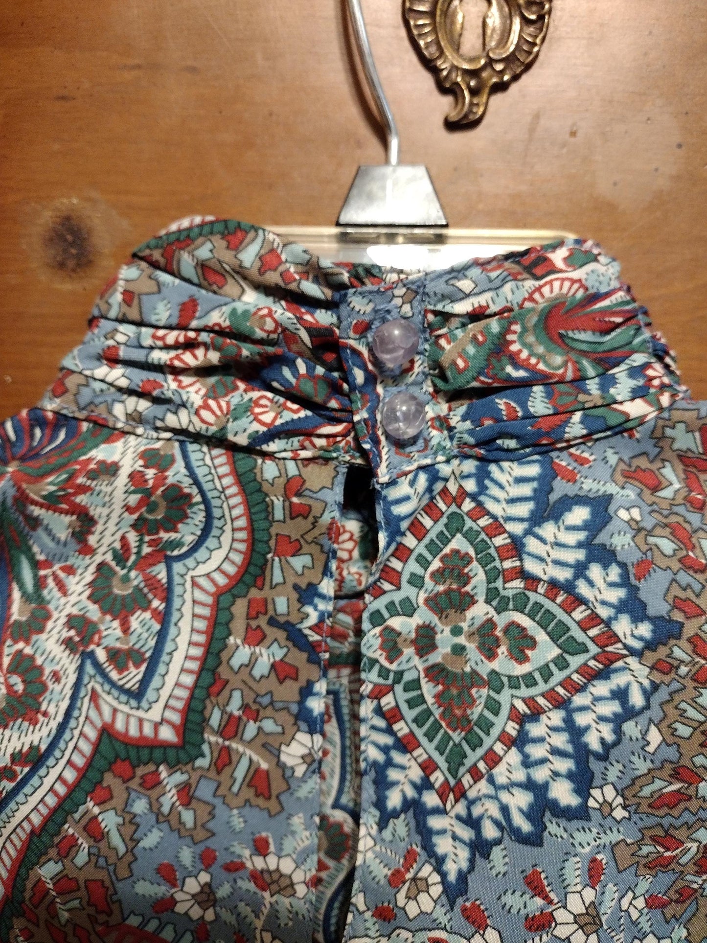 Vintage blue patterned long sleeve blouse with cravat/ruffle