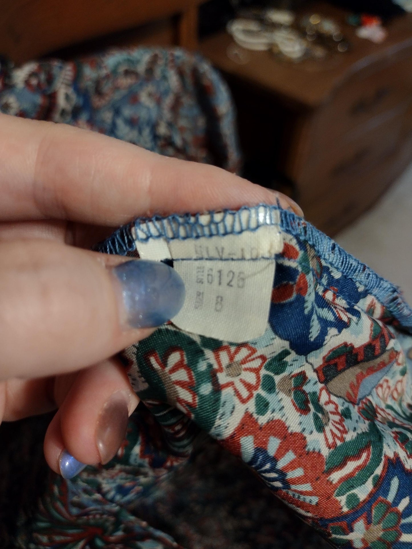 Vintage blue patterned long sleeve blouse with cravat/ruffle