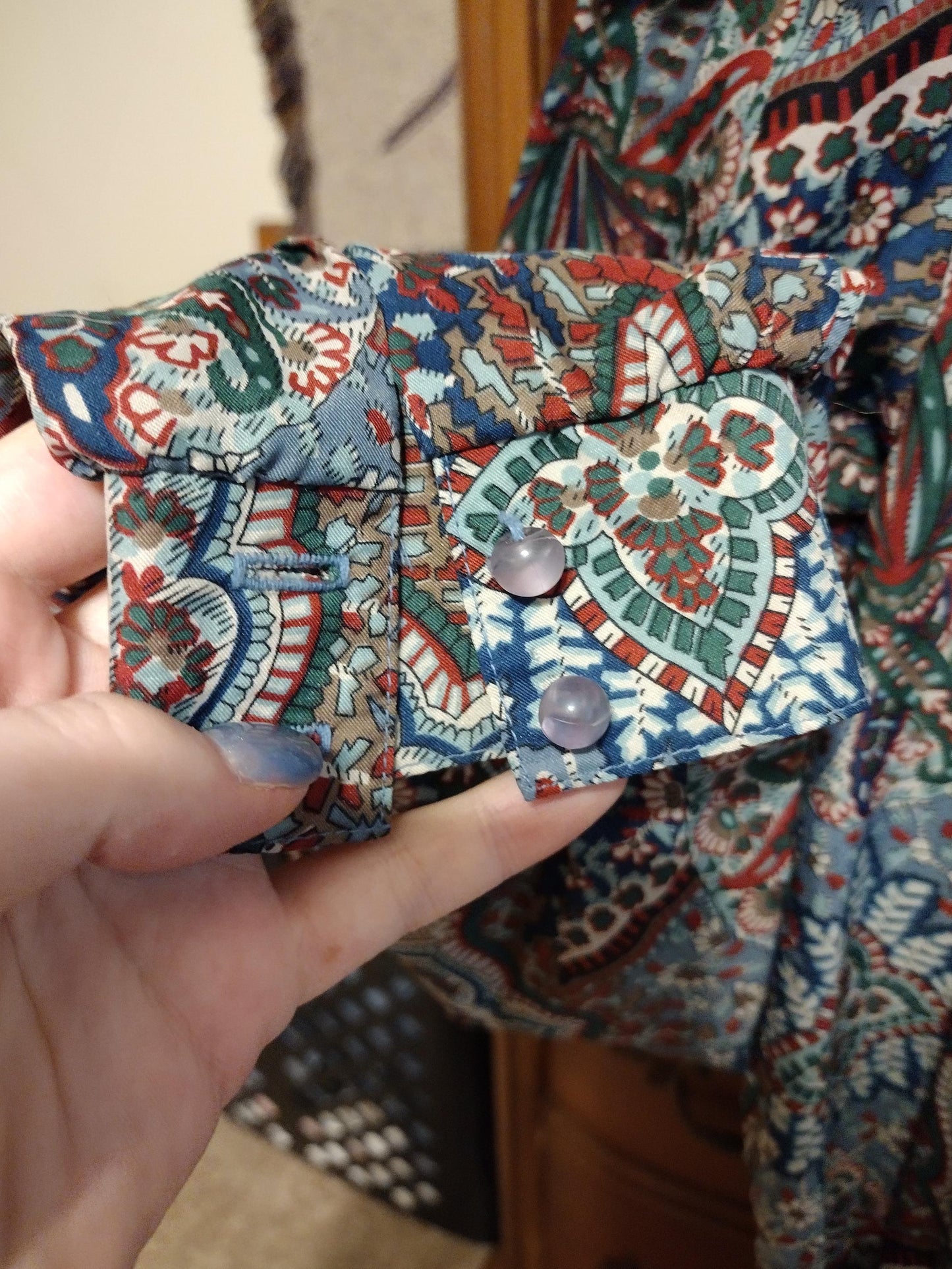 Vintage blue patterned long sleeve blouse with cravat/ruffle