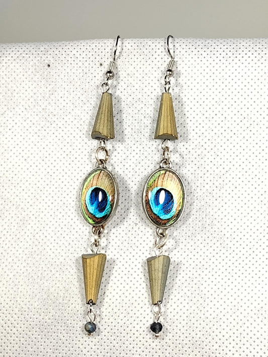Long peacock eye dangle earrings 925 sterling silver