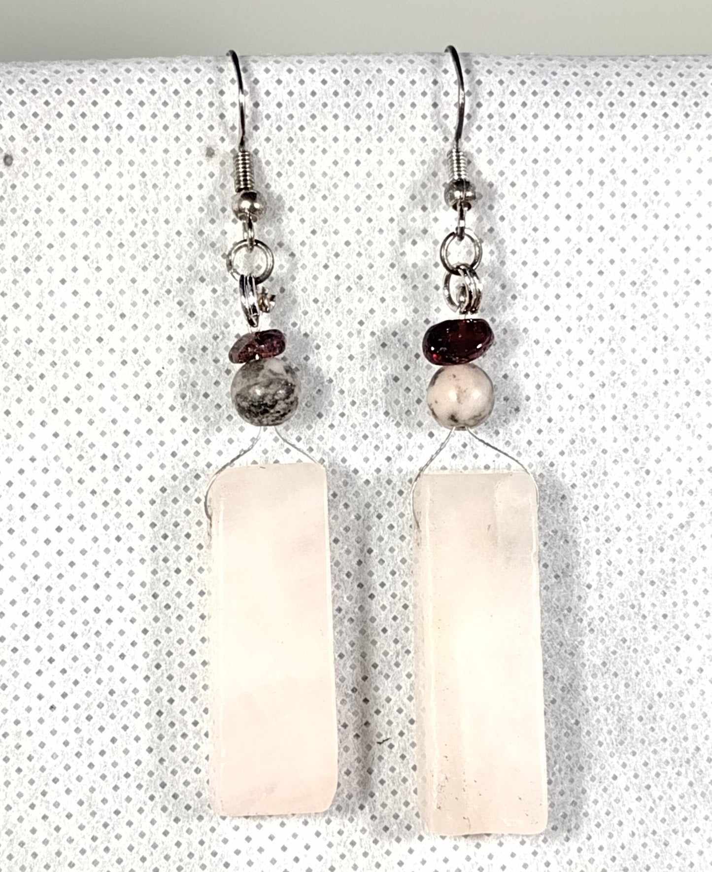 Rose quartz bar dangle earrings with garnet chips and pink zebra Jasper beads 925 sterling silver ear hooks