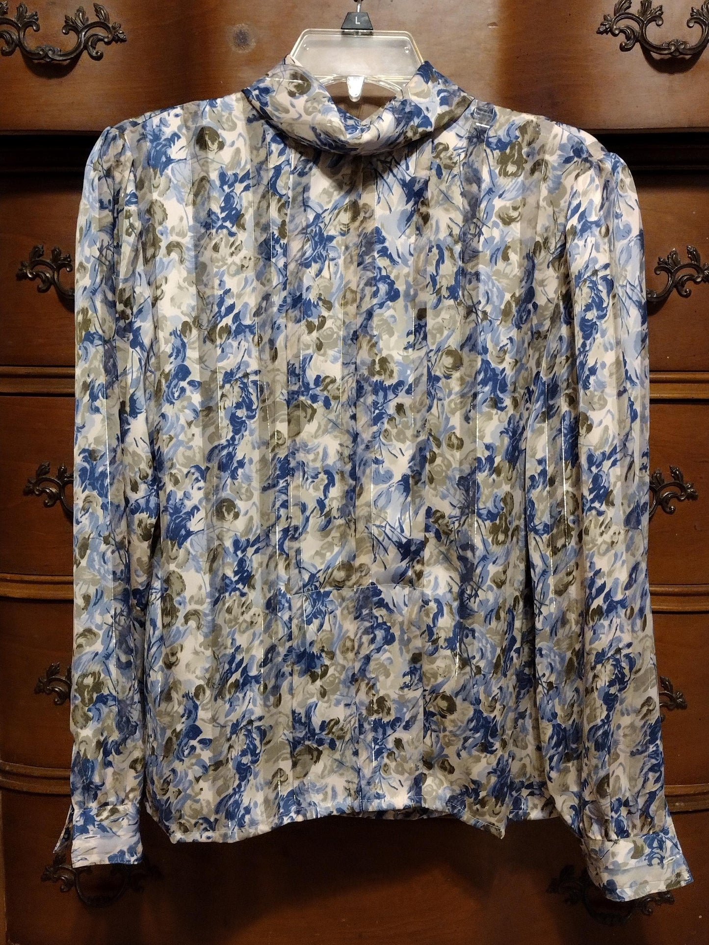 Vintage blue floral blouse with gold pinstripe