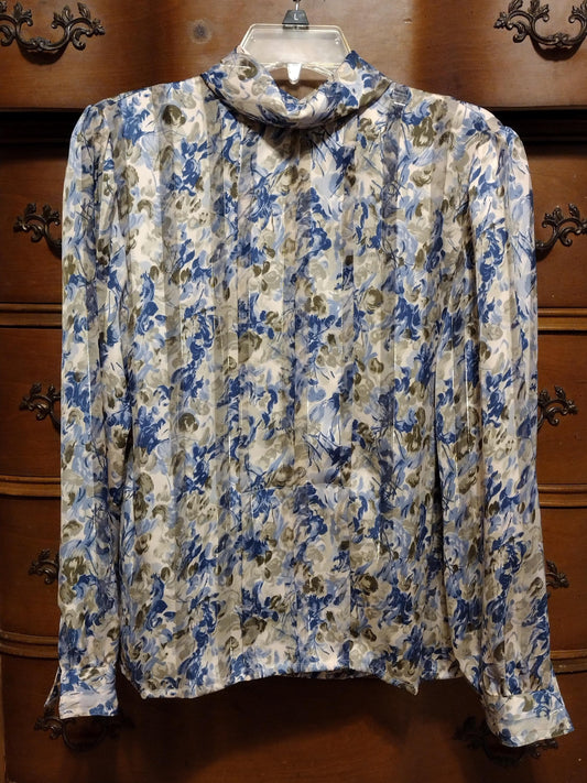Vintage blue floral blouse with gold pinstripe
